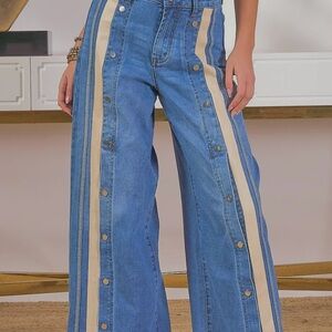 Stylish Blue Wide-Leg Jeans with Tan Stripes